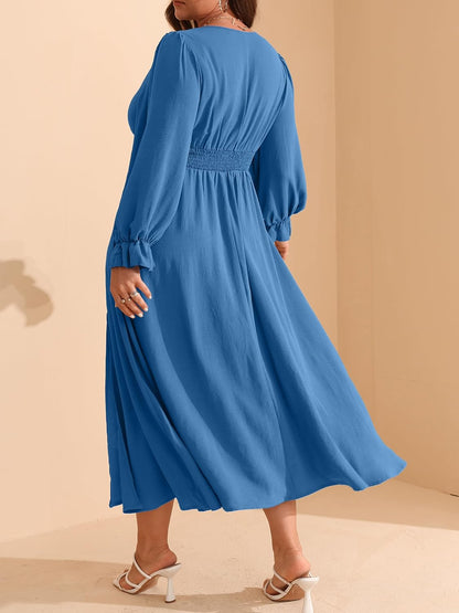 RWJ Plus Size Wedding Guest Dress for Women Deep V Neck Long Sleeve High Waist Slit Formal Cocktail Party Fall Maxi Dresses