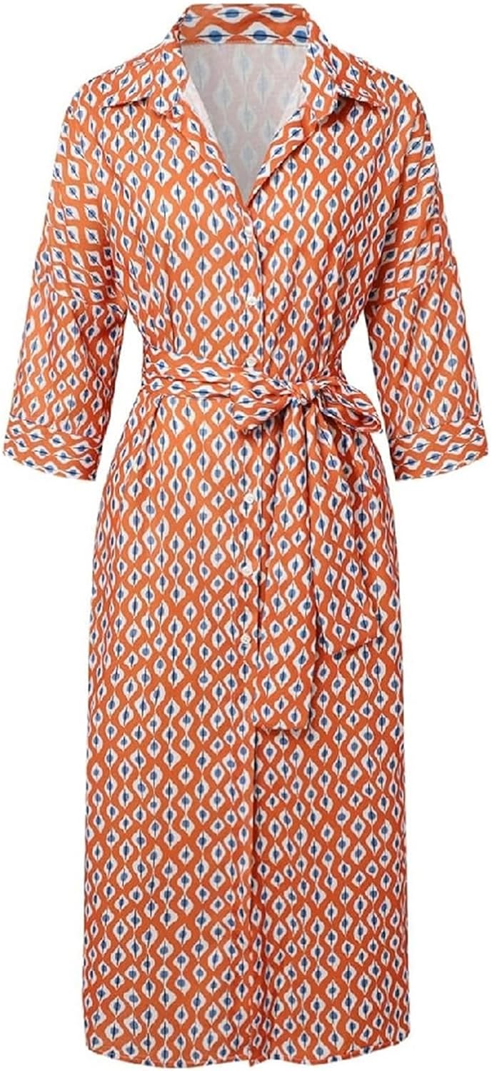Orange Color DGDXLMPNR Shirt Dress, Striped Lace-Up Shirt Dress, Lapel Slit.