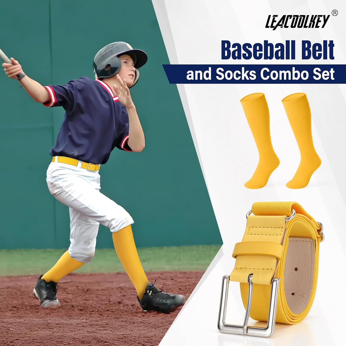 LEACOOLKEY Baseball Belt and Socks Combo Set Adjustable Softball Socks and Elastic Belt for Youth and Adult