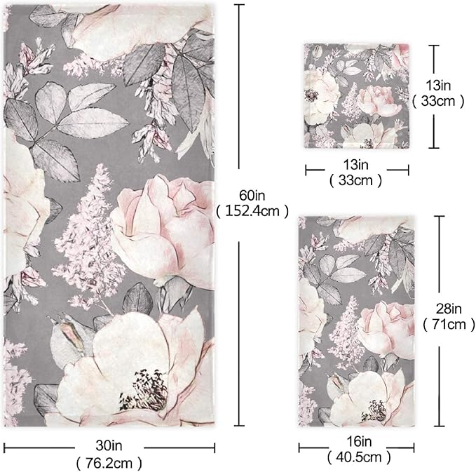 ALAZA Pink Rose Towels Bathroom Sets Flower Gray Towels Set of 3, 1 Bath Towel 1 Hand Towel 1 Washcloth Soft Highly Absorbent Decorative Towels for Kitchen Beach Gym Spa