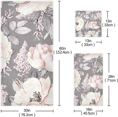 ALAZA Pink Rose Towels Bathroom Sets Flower Gray Towels Set of 3, 1 Bath Towel 1 Hand Towel 1 Washcloth Soft Highly Absorbent Decorative Towels for Kitchen Beach Gym Spa