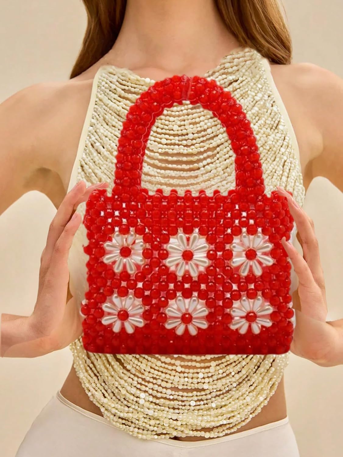 Women Beaded Handbags Elegant Handmade Weave Purse Crystal Pearl String Tote Bags for Banquet Wedding Cocktail