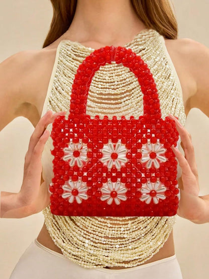 Women Beaded Handbags Elegant Handmade Weave Purse Crystal Pearl String Tote Bags for Banquet Wedding Cocktail