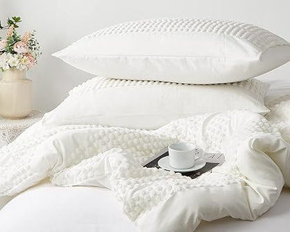 Cupocupa King Size Comforter Set;White Boho Tufted Lightweight Bedding Sets 3PCS Soft Jacquard Pom Pom Comforter with 2 Pillow Cases for All Season