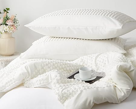 Cupocupa King Size Comforter Set;White Boho Tufted Lightweight Bedding Sets 3PCS Soft Jacquard Pom Pom Comforter with 2 Pillow Cases for All Season