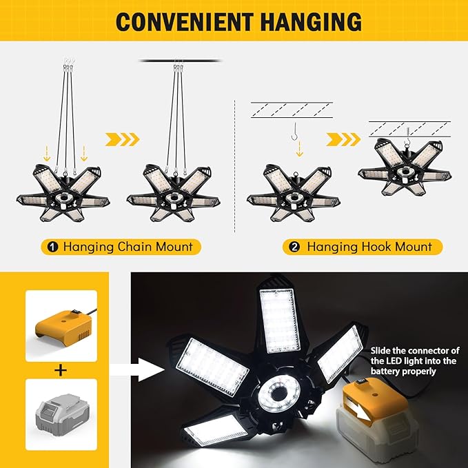 DEWALT LED Work Light for 20V Battery, 68W 6800LM Garage Flood and Ceiling Lights, Ideal for Car Repairs, Workshop, Camping