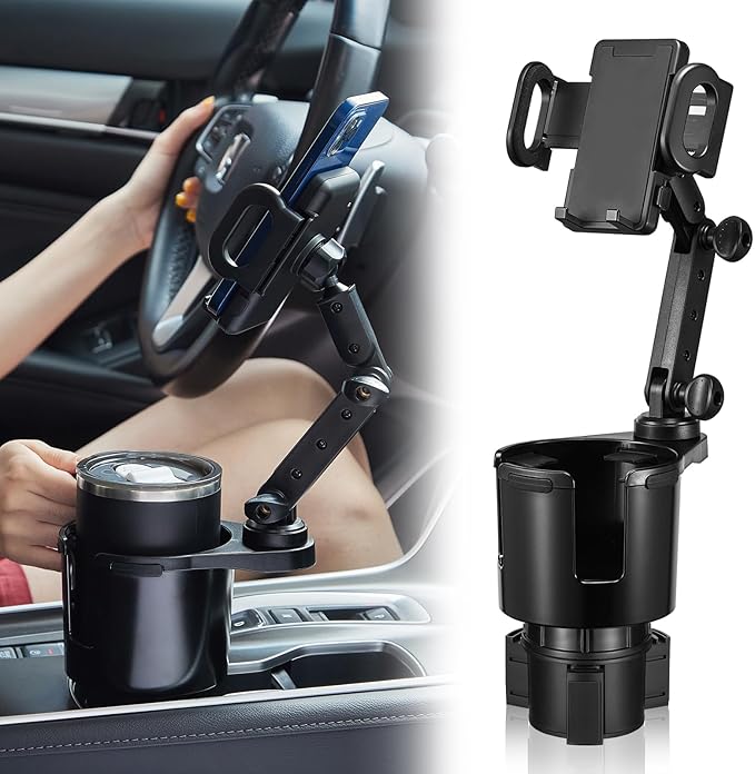Cup Holder Phone Mount, 2 in 1 Cup Holder Expander for Car Long Arm with 360Rotation Cup Holder Cell Phone Holder for Car Compatible with All Smartphones