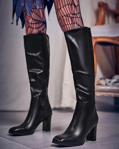 Womens Knee High Boots Chunky Block Heels Square Toe Side Zipper Faux Suede Fall Winter Comfort Boot