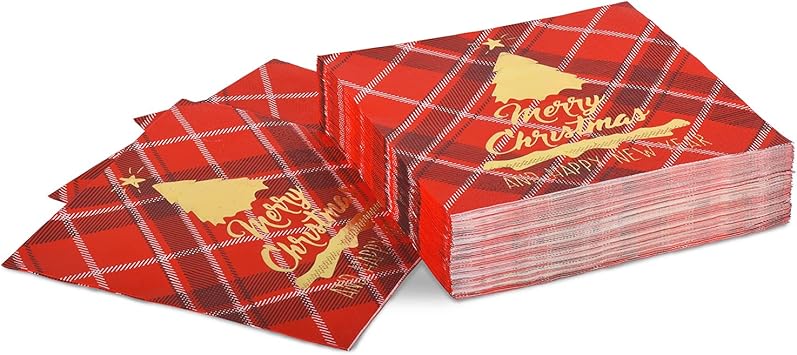 Gatherfun Christmas Party Supplies Red and Black Plaid Disposable Paper Napkins for Merry Christmas New Year Party Decorations, 50 Pack