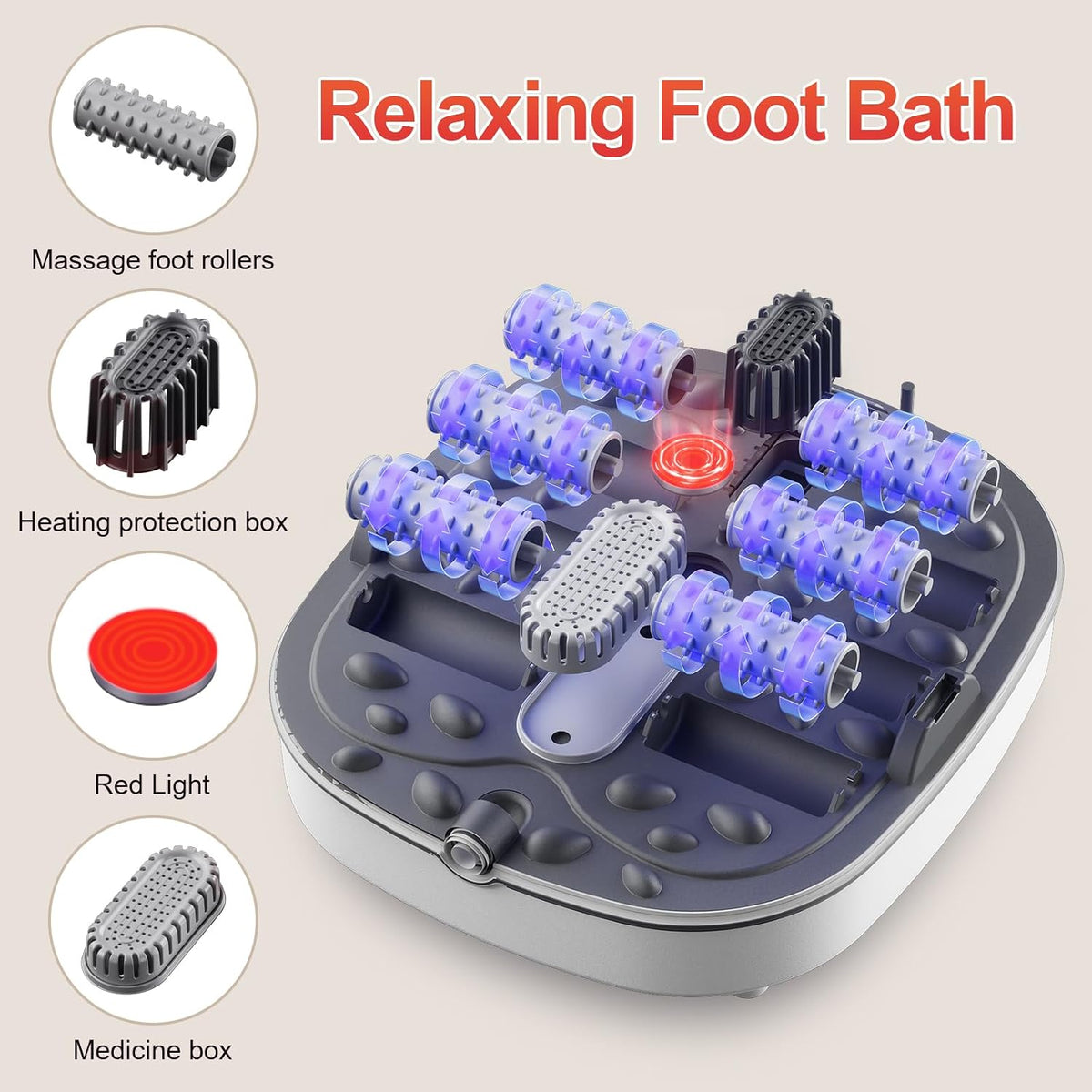 GEHONA Collapsible Foot Spa Bath with Heat,Foot Massager with Two Side Supports,Leakage Protector,Temperature Control,Bubbles,Red Light,Timer, Feet Spa Tub,Feet Soaker,Gifts (Beige)