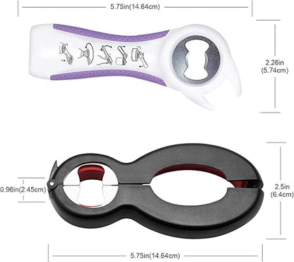 Bottle Opener Set,2Pcs Inclinding 5-in-1 and 6-in-1, Can, Soda, and Jar Openers, Twist Off Lid  Jar Opener for Seniors and Arthritic Hands (White Purple)