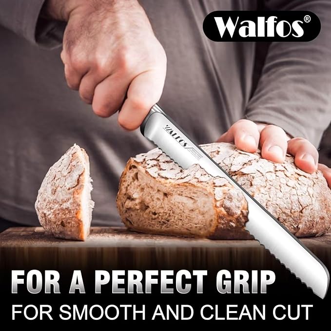 Walfos 8 Inch Bread Knife with Sheath, Serrated Bread Knife with Upgraded Stainless Steel, Ultra-Sharp, Bread Slice Knife for Slicing Homemade Bread, Bagels, Cake