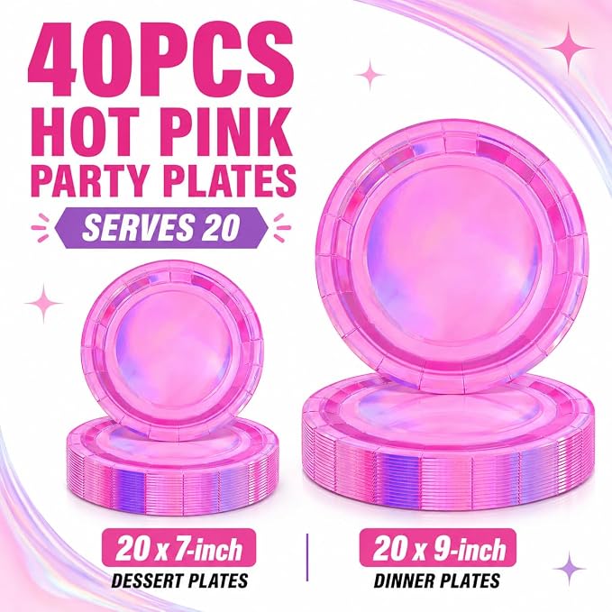 40PCS Hot Pink Birthday Plates, Holographic Iridescent Pink Party Plates Includes 20-9" & 20-7" Dinner Tableware for Birthday Disco Wedding Kpop Party