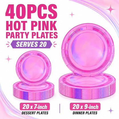 40PCS Hot Pink Birthday Plates, Holographic Iridescent Pink Party Plates Includes 20-9" & 20-7" Dinner Tableware for Birthday Disco Wedding Kpop Party