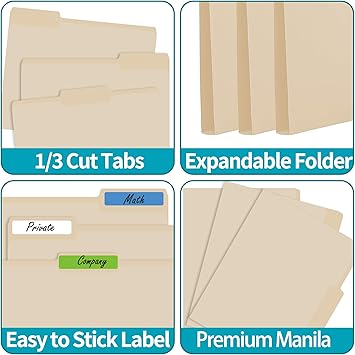 100 Packs Manila File Folder,Manila Folder 8.5x11,13 Cut Tabs Folder for Office,School and Home,Organizer File Folder Letter Size