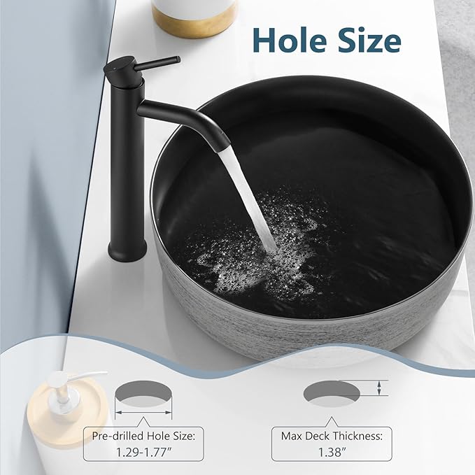 Aolemi Matte Black Vessel Sink Faucet Bathroom Faucet Tall Stainless Steel Bathroom Sink Faucet Single Handle One Hole Round Body with Pop up Drain Basin Bowl Vanity Lavatory Mixer Tap