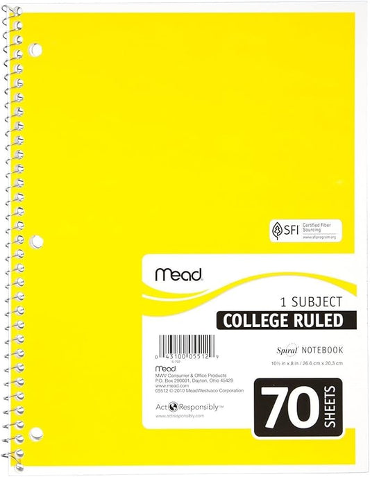 Mead Notebook Spiral 10-1/2 In. X 8 In. 3 Hole Punch - Assorted Colors