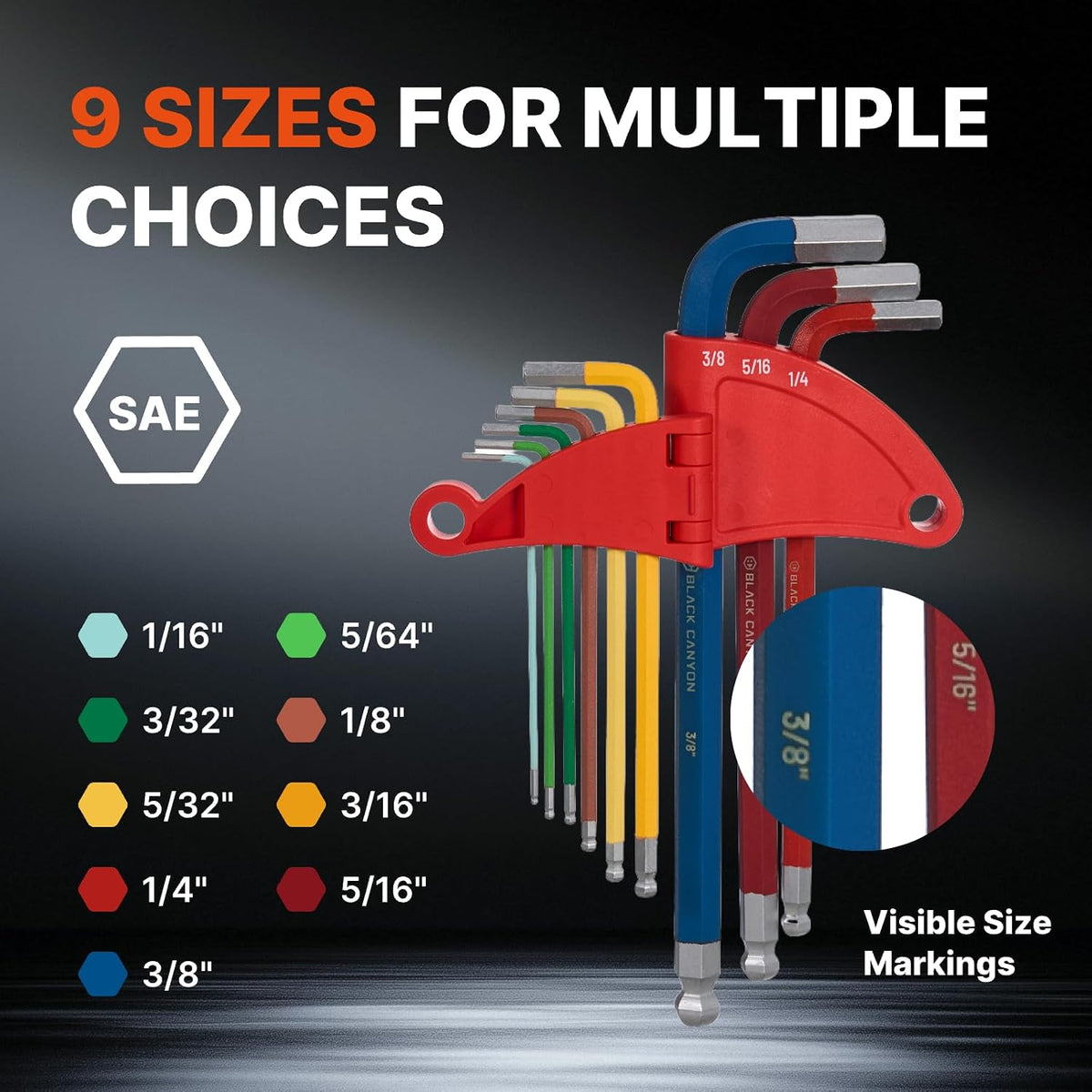 BLACK CANYON Hex Key Set, 18 pcs SAE and Metric Allen Key, 1/16 in-3/8 in and 1.5 mm-10 mm, Ball End, Color-Coded, Chrome, High Torque Steel, L-Shape Design, for Mechanics, Electrical Equipment