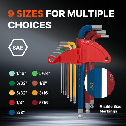 BLACK CANYON Hex Key Set, 18 pcs SAE and Metric Allen Key, 1/16 in-3/8 in and 1.5 mm-10 mm, Ball End, Color-Coded, Chrome, High Torque Steel, L-Shape Design, for Mechanics, Electrical Equipment
