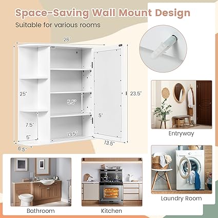 ARLIME Bathroom Mirror Cabinet, Wall Mounted Medicine Cabinet, Single Door Storage Organizer with 4 Internal Shelves and 6 Open Racks, Space Saver Wooden Hanging Cabinet, White