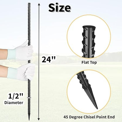 24 Inches Straight Rebar Stakes(20-Pack), 12" Diameter Steel Metal Stakes for Garden with Chisel Point End Heavy Duty Ground Anchors for Landscape, Concrete Form, Camping  Trapping Black