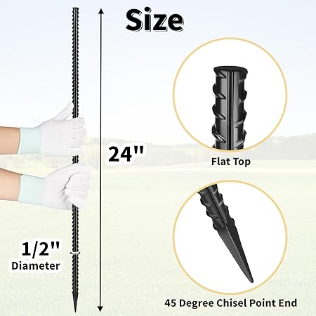 24 Inches Straight Rebar Stakes(20-Pack), 12" Diameter Steel Metal Stakes for Garden with Chisel Point End Heavy Duty Ground Anchors for Landscape, Concrete Form, Camping  Trapping Black