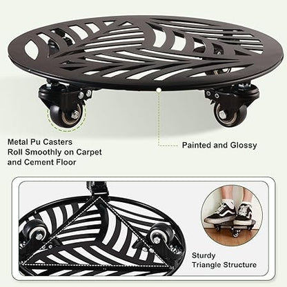 2 Packs Metal Plant Caddy with Wheels 13 Heavy-Duty Wrought Iron Rolling Plant Stands with Casters Indoor and Outdoor Plant Pot Roller Base Plant Saucer Movers Black, Strong Load Capacity