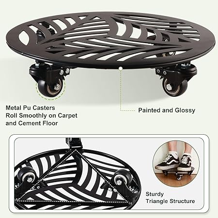 2 Packs Metal Plant Caddy with Wheels 13 Heavy-Duty Wrought Iron Rolling Plant Stands with Casters Indoor and Outdoor Plant Pot Roller Base Plant Saucer Movers Black, Strong Load Capacity