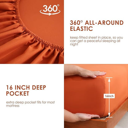 JSD Burnt Orange Queen Sheet Set with Side Pocket Corner Straps, 4 Piece Soft Microfiber Bed Sheets Extra Deep Pocket