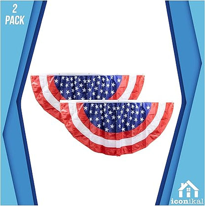 Iconikal July 4th American Flag Banner Bunting Half Fan Patriotic Porch Garland Decoration 6 x 3 Feet, 2-Pack