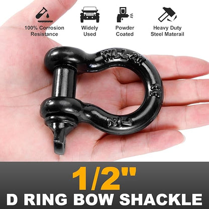 12" D Ring Shackles with 78" Screw Pin, 26,400 lbs Break Strength, Heavy Duty Clevis Shackles (Black) for Jeep, Truck, SUV, Trailer, ATV, UTV(2pcs)