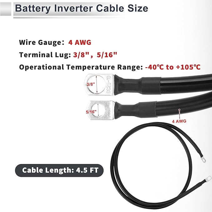 1 Pc Universal Battery Inverter Cable 38" Lug 516" Lug 4.5FT Battery Cable 4 AWG Gauge Black Tinned Copper