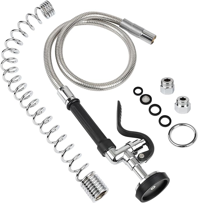 45” Stainless-Steel Pre Rinse Hose with Sprayer Valve & Spring, 1.42 GPM Commercial Sink Sprayer Hose with Nozzle Head Replacement Kit for Commercial Restaurant Kitchen Faucet