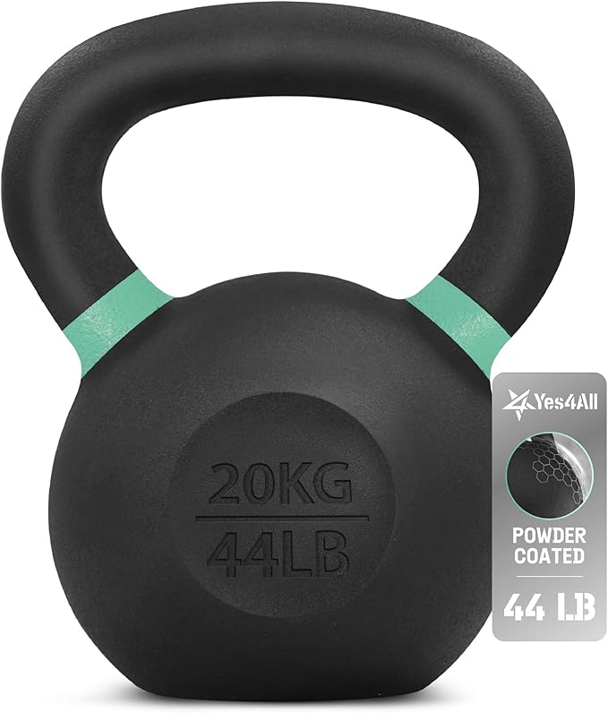 Yes4All Powder Coated Kettlebell, Cast Iron Core Kettlebells with Non-Slip Handle & Flat Bottom for Conditioning, Heavy Duty for Strength Training, 9lb to 71lb - Single