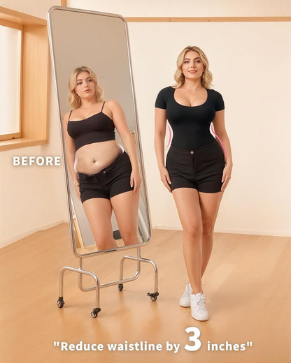 MANGOPOP Shapewear Bodysuits for Women Tummy Control Scoop Neck Short Sleeve Seamless Thong Compression body shaper Tops.