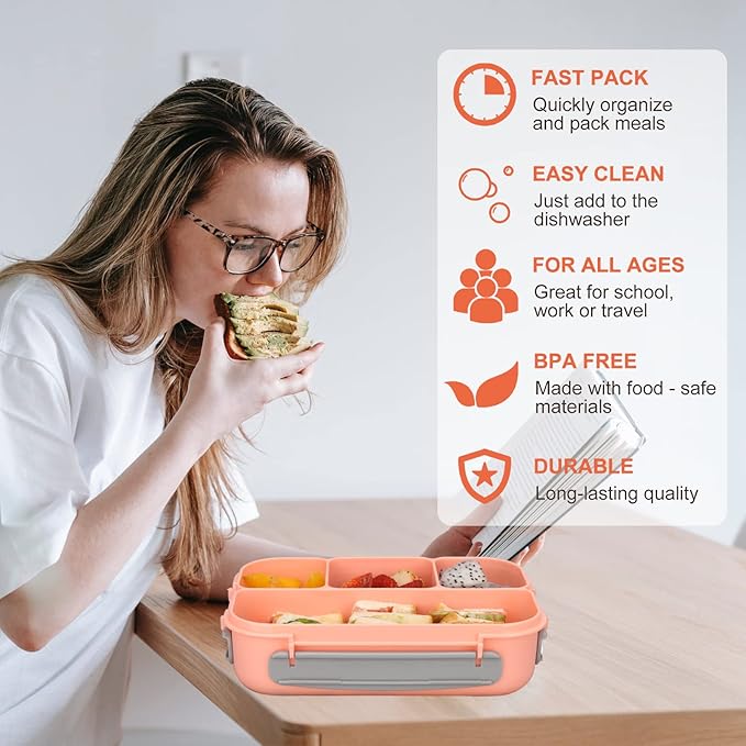 Bento Box Lunch Containers for Adults 5 Cup,Bento Boxes with 4 Compartments &Fork,Leak-proof,Microwave/Dishwasher/Freezer Safe,Pink