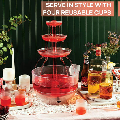 Kusini Drink Fountain for Parties - 1 Gallon Max, 3 Tier Punch Bowl Drink Tower, LED Base, 4 Reusable Cups - Drink Dispenser Machine for, Juice, Punch, Pani Puri Fountain for Party Hosting Supplies