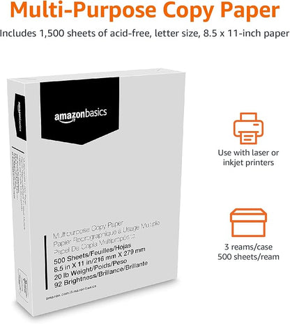 Basics Multipurpose Copy Printer Paper, 20 lb, 8.5 x 11 Inches, 3 Reams (1,500 Sheets), 92 Bright White for Home Use