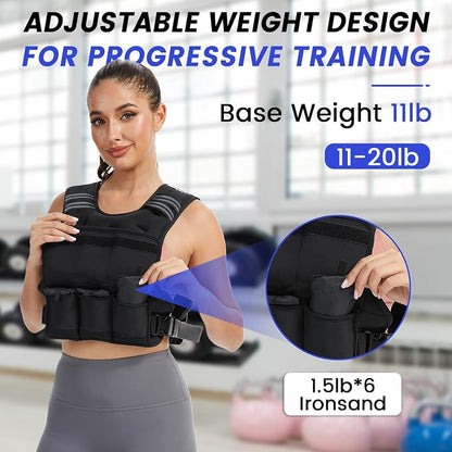 Adjustable Weighted Vest for Women Men 11-20lb Vest with 6 Ironsand Weights Body Weight Vest with Reflective Strip for Running Walking Strength Training Workouts