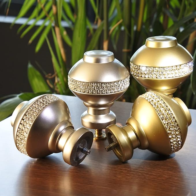 Decorative Curtain Rod Finials, Luxury Rhinestones Gold, Round,Set of 2, Compatible with 1 or 1-18 dia curtain rod, Standalone finial pair, Gold