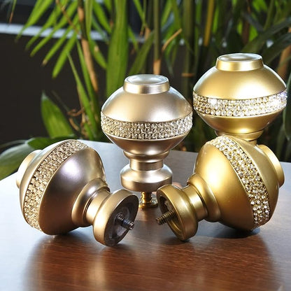 Decorative Curtain Rod Finials, Luxury Rhinestones Gold, Round,Set of 2, Compatible with 1 or 1-18 dia curtain rod, Standalone finial pair, Gold