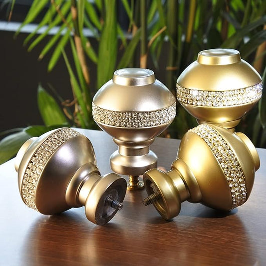 Decorative Curtain Rod Finials, Luxury Rhinestones Gold, Round,Set of 2, Compatible with 1 or 1-18 dia curtain rod, Standalone finial pair, Gold