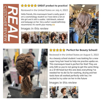 Mannequin Head with Human Hair - 20-22" Cosmetology Mannequin Head with 100 Real Human Hair for Braiding Practice Cutting - Manikin Head with Human Hair for Hairdresser (Brown)