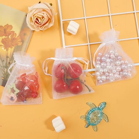 Organza Bags, White Organza Bags, 50Pcs, Sheer Organza Bags 3 x 4 inch, Jewelry Gift Bags, Party Favor Bags with Drawstring, Mesh Gift Pouches Mini Candy Bags for Wedding Christmas Party