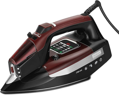Sunbeam Professional Steam Iron, 1700 Watt, Large Nonstick Ceramic Soleplate, Horizontal or Vertical Shot of Steam, Self Cleaning, Large LED Screen and Bright LED Lights, 8' Swivel Cord, BlackRed