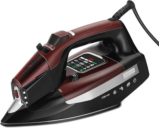Sunbeam Professional Steam Iron, 1700 Watt, Large Nonstick Ceramic Soleplate, Horizontal or Vertical Shot of Steam, Self Cleaning, Large LED Screen and Bright LED Lights, 8' Swivel Cord, BlackRed