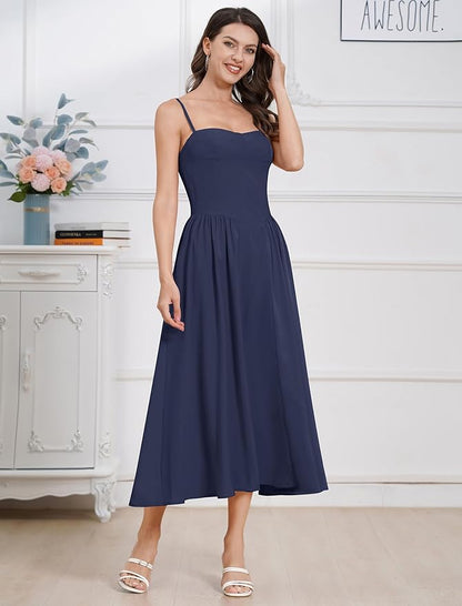 Women Floral Corset Dress Boho Spaghetti Strap Lace Up Casual Midi Dresses with Pockets Low Cut Flowy Bustier Sundress