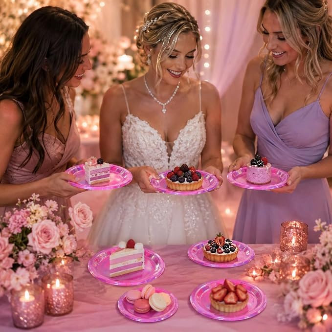 40PCS Hot Pink Birthday Plates, Holographic Iridescent Pink Party Plates Includes 20-9" & 20-7" Dinner Tableware for Birthday Disco Wedding Kpop Party