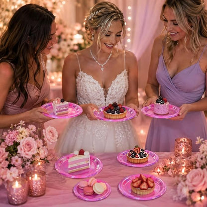 40PCS Hot Pink Birthday Plates, Holographic Iridescent Pink Party Plates Includes 20-9" & 20-7" Dinner Tableware for Birthday Disco Wedding Kpop Party