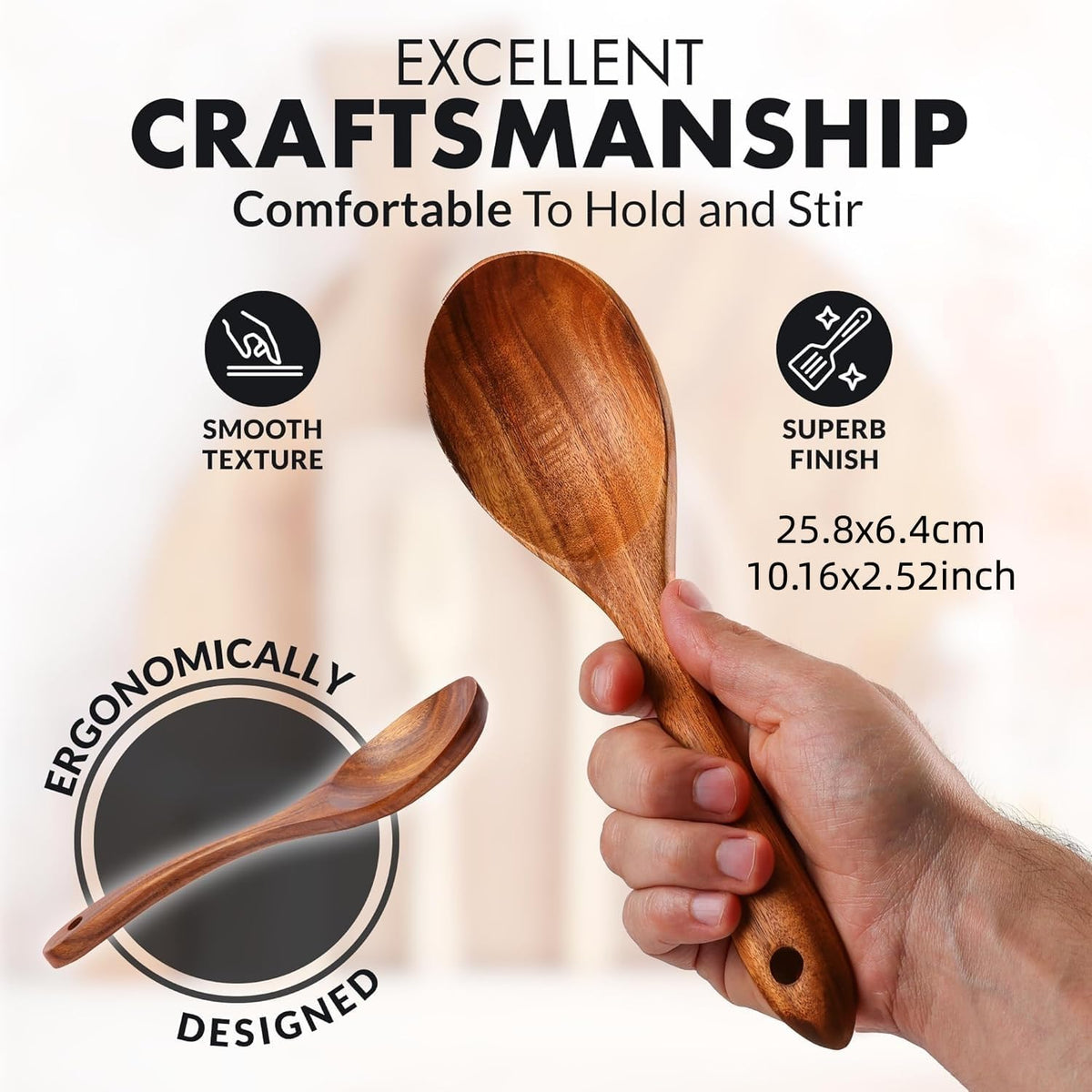 Wooden Cooking Spoons, Natural Acacia Wood Kitchen Utensil, 12Inch Large Wooden Mixing Spoons for Nonstick Cookwares, Comfort Grip, Durable, Kitchen Gifts for Women, Cooking Gifts for Men